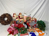 Lot of holiday posters, wreaths, vintage lights,