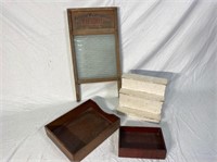 Wooden steps, wooden trays, and antique washboard