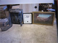 fireplace pc,wall picture & diploma
