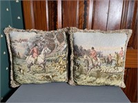 Pair of tapestry Fox Hunt scene pillows