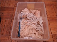 Container of vintage linens: doilies,