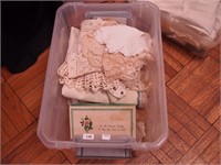 Container of vintage linens, crocheted