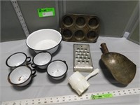 Enamelware basin & mugs, scoop, muffin tin, grater