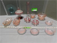 Pink depression glass, vase, berry bowls, covered