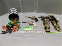 Toy cap guns and holster, toy plastic animals and
