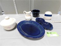 Fiesta trays, napkin holder, blue bowl, creamer an