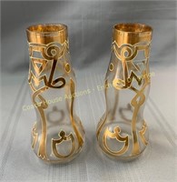 (2) Bohemian glass clear & gold vases en verre