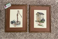 FRAMED, CROSS STITCHED OUTHOUSE & WATER PUMP