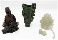 Lot: 3 Chinese Carved Jade Pcs. & Quartz Quan Yin.