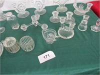 Glassware, candle sticks, pitcher, cake plate vase