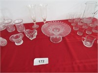 Glassware, cake plate, pitcher w/ glasses
