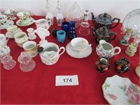 Tea pot, cup/saucer, misc glassware, mustache cup