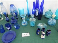 Blue glassware, bottle, vases Shirley Temple