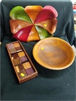 (2) Wooden Bowls & Wicker Tray w/ Wooden Coasters