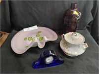 Art Glass Ashtray, Bottle, Clock, Sugar Bowl