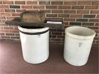 2 VINTAGE CROCKS & CABBAGE SHREDDER