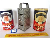 Vintage grater and (2) Quaker oat tins