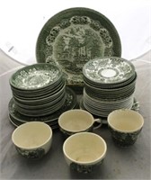 Lot of 44 Assorted Green/White Transferware Items