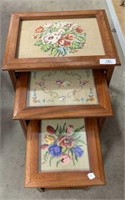 NEST OF 3 TABLES WITH NEEDLEWORK TOPPERS &