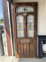 VINTAGE DOOR WITH STAINED GLASS INSERT, BRASS MAIL