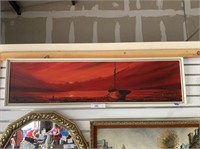 FRAMED MID CENTURY PAINTING, SUNSET ON WATER,