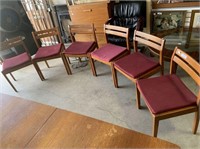 (6X) MID CENTURY DINING CHAIRS WITH MAROON FABRIC