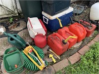Gas cans, coolers, garden hose, sprinkler