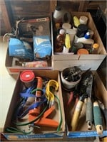 Four boxes miscellaneous garage supplies
