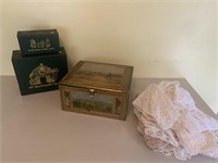 Tin keepsake box, doilies, Boyds Bears items