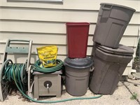Garden hoses, trash cans