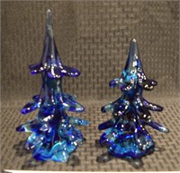 Vintage Pair Liberty VIllage blue art glass Trees