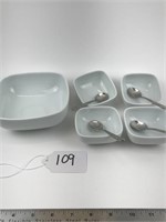White porcelain sauce bowl and spoon set