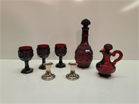 Vintage Red Avon glass with silver candle holders