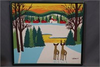 Maud Lewis deer at sunset silkscreen