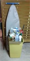 Ironing board, garbage can, cleaning supplies