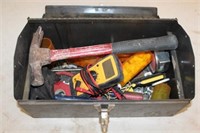 Metal Tool Box - screwdrivers, tester, hammer,