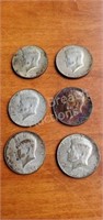 6 JFK half-dollar coins - 1965 to 1968, (2) 1965,