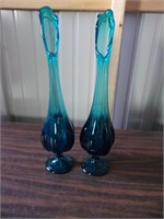 2 Blown Glass Blue Vases