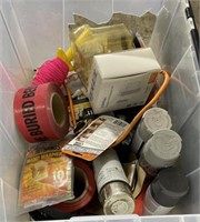 Tote of electrical line tape, paint cans and more