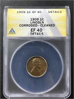 1909 Lincoln Wheat Cent Penny Coin ANACS EF40 slab