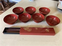 Vintage Red Laquer Rice Bowls w/ Chopsticks