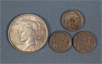 1922 Peace Silver Dollar, 3 Buffalo Nickels