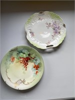 2 Green flowers and fruit painted plates with