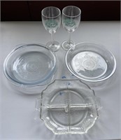 Misc serving relish tray, stemware, and plates