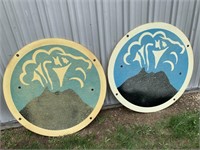 TWO LARGE ROUND FIBERGLASS VOLCANO SIGNS