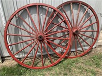 SET OF 2 HUGE RED PAINT WAGON WHEELS