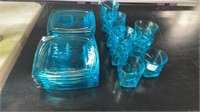 Twelve Blue Square Plates and Ten Blue Glasses