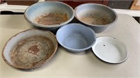 Four Enamel Bowls and Plate