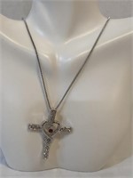 New Diamond cross necklace red center gem