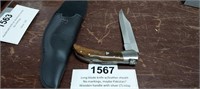 LONGBLADE KNIFE WITH LEATHER SHEATH, SILVER INLAY